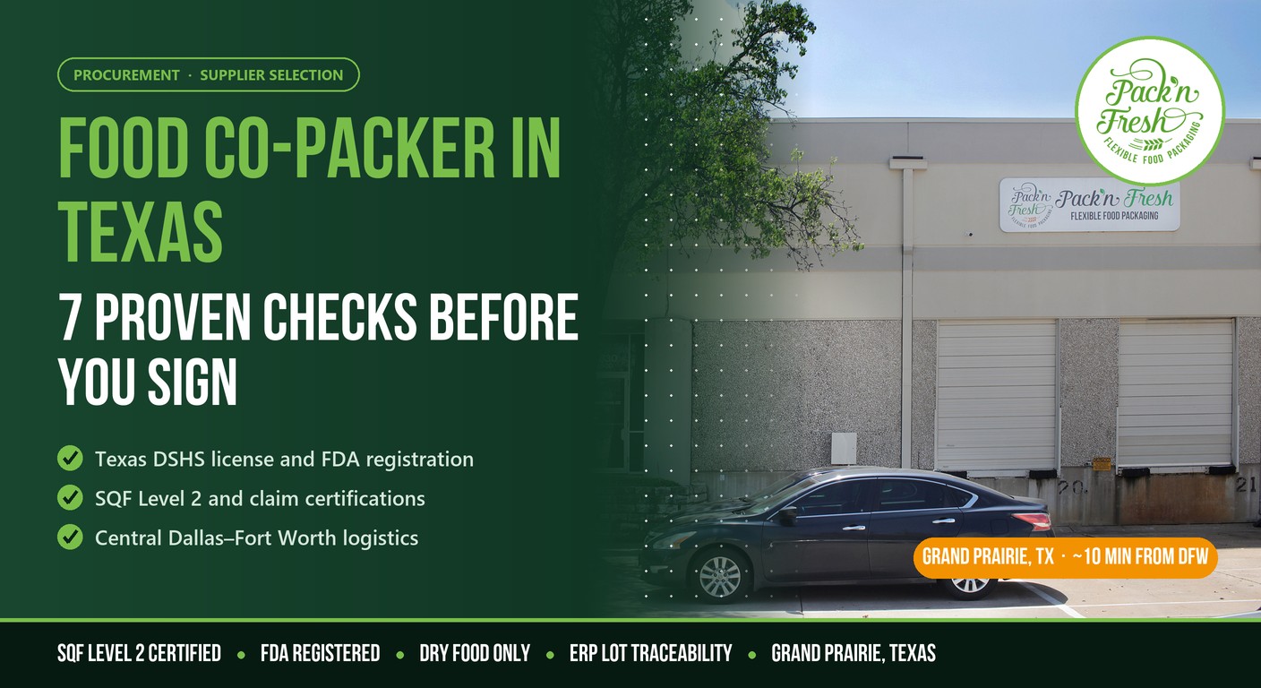 food co-packer in Texas dry food pouch filling line Dallas Fort Worth
